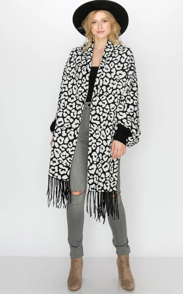 AV341 Animal Print Sleeve Cape Shawl with Fringe