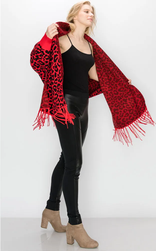 AV341 Animal Print Sleeve Cape Shawl with Fringe