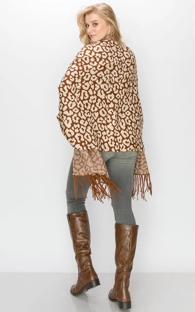 AV341 Animal Print Sleeve Cape Shawl with Fringe