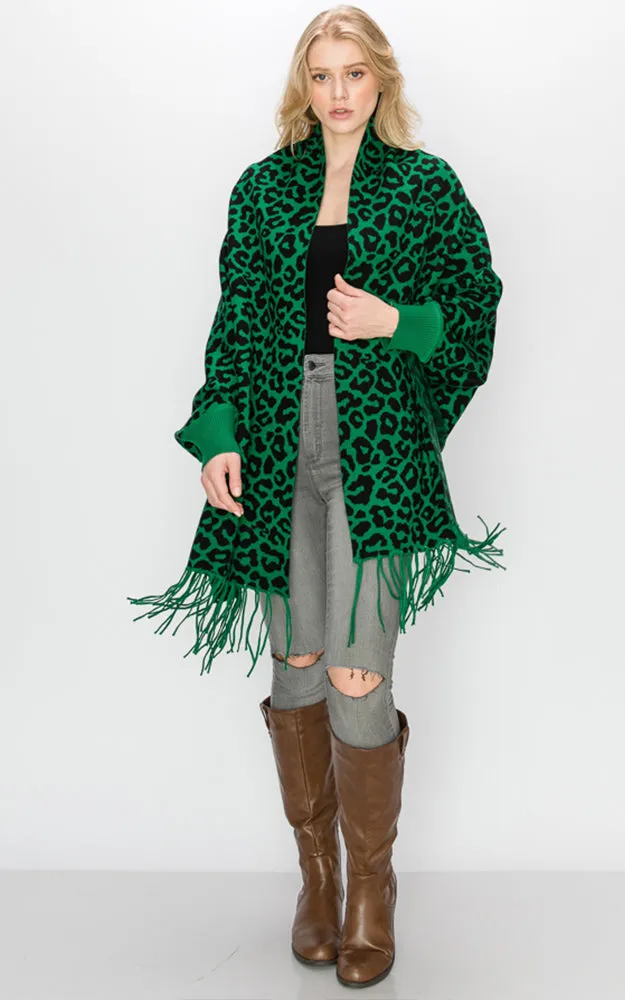 AV341 Animal Print Sleeve Cape Shawl with Fringe