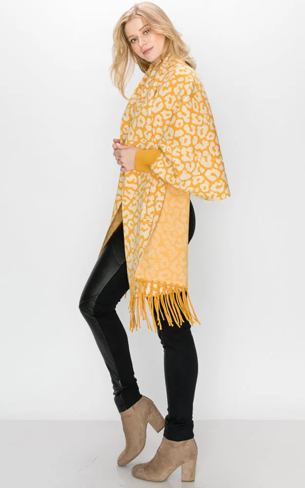 AV341 Animal Print Sleeve Cape Shawl with Fringe