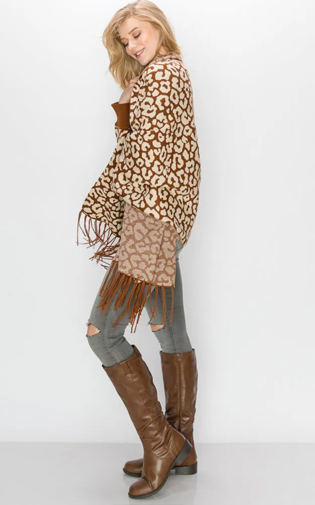 AV341 Animal Print Sleeve Cape Shawl with Fringe