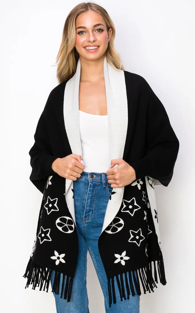 AV423 Double-Side Sleeve Cape Shawl with Fringe