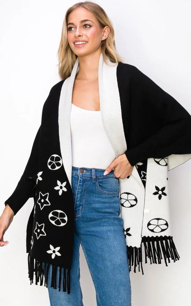 AV423 Double-Side Sleeve Cape Shawl with Fringe