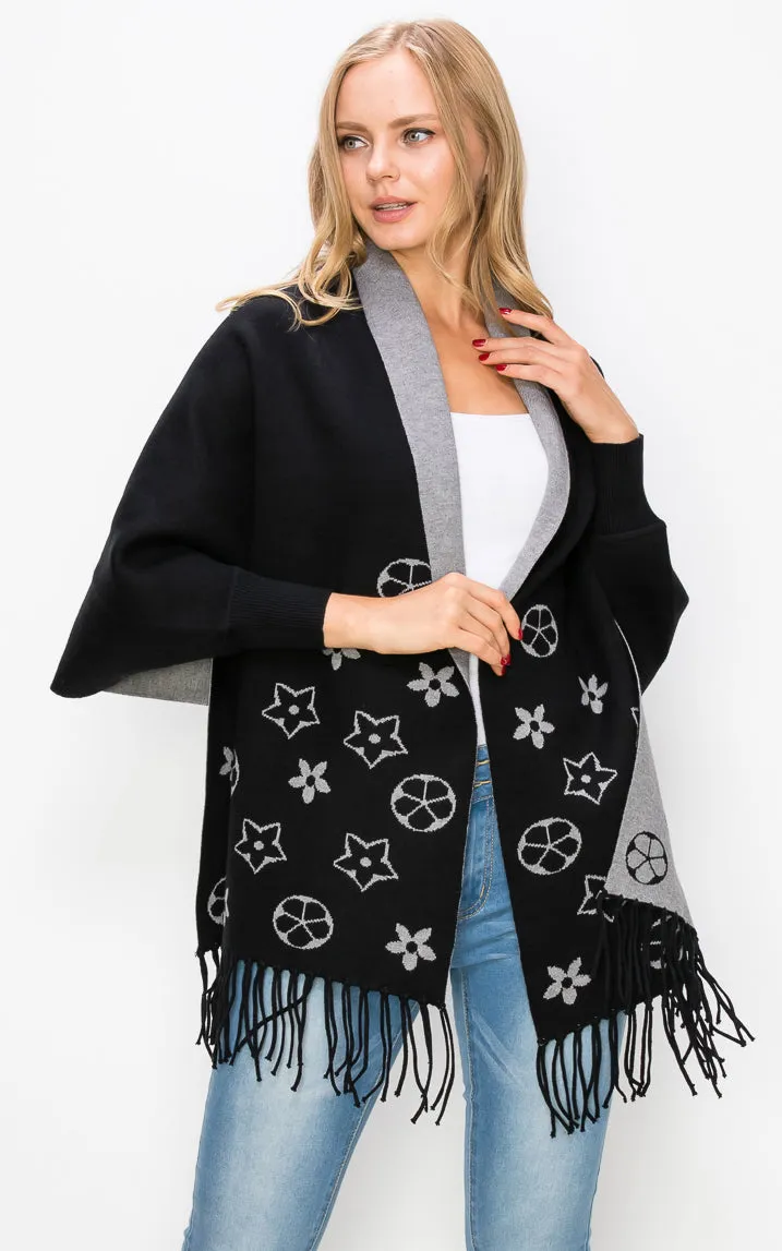 AV423 Double-Side Sleeve Cape Shawl with Fringe