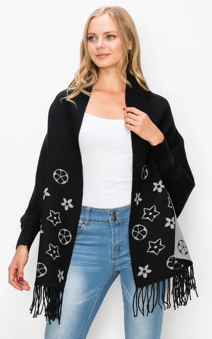 AV423 Double-Side Sleeve Cape Shawl with Fringe