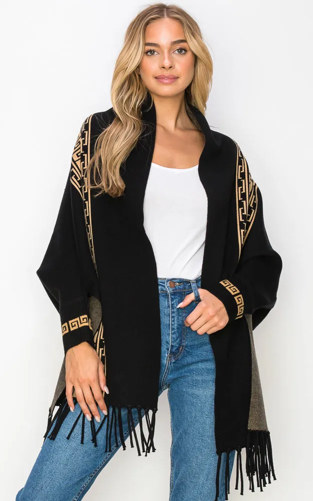 AV454 Double-Side Sleeve Cape Shawl with Fringe