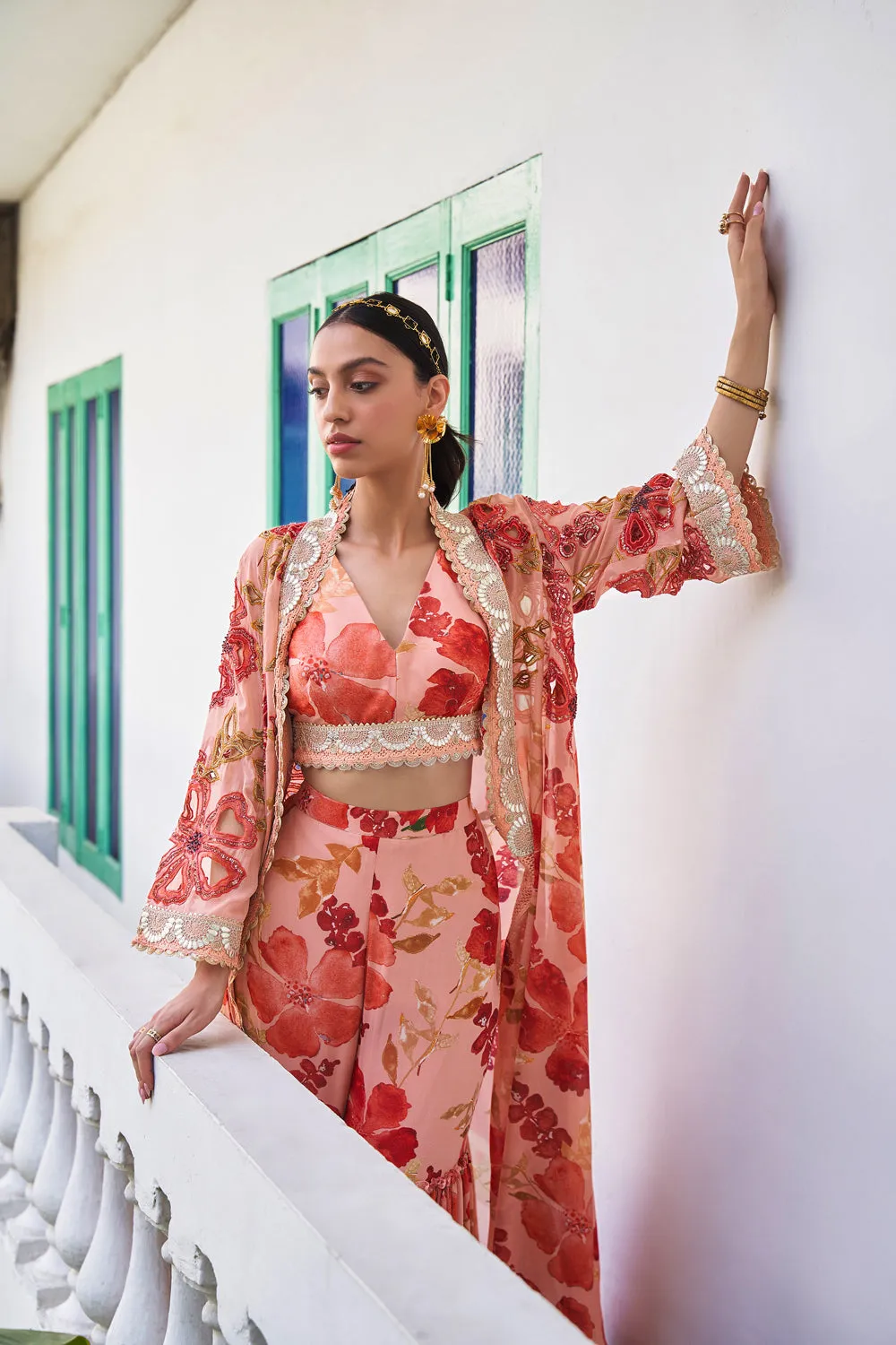 Azalea Peach Co-Ord Set With Kaftan Cape