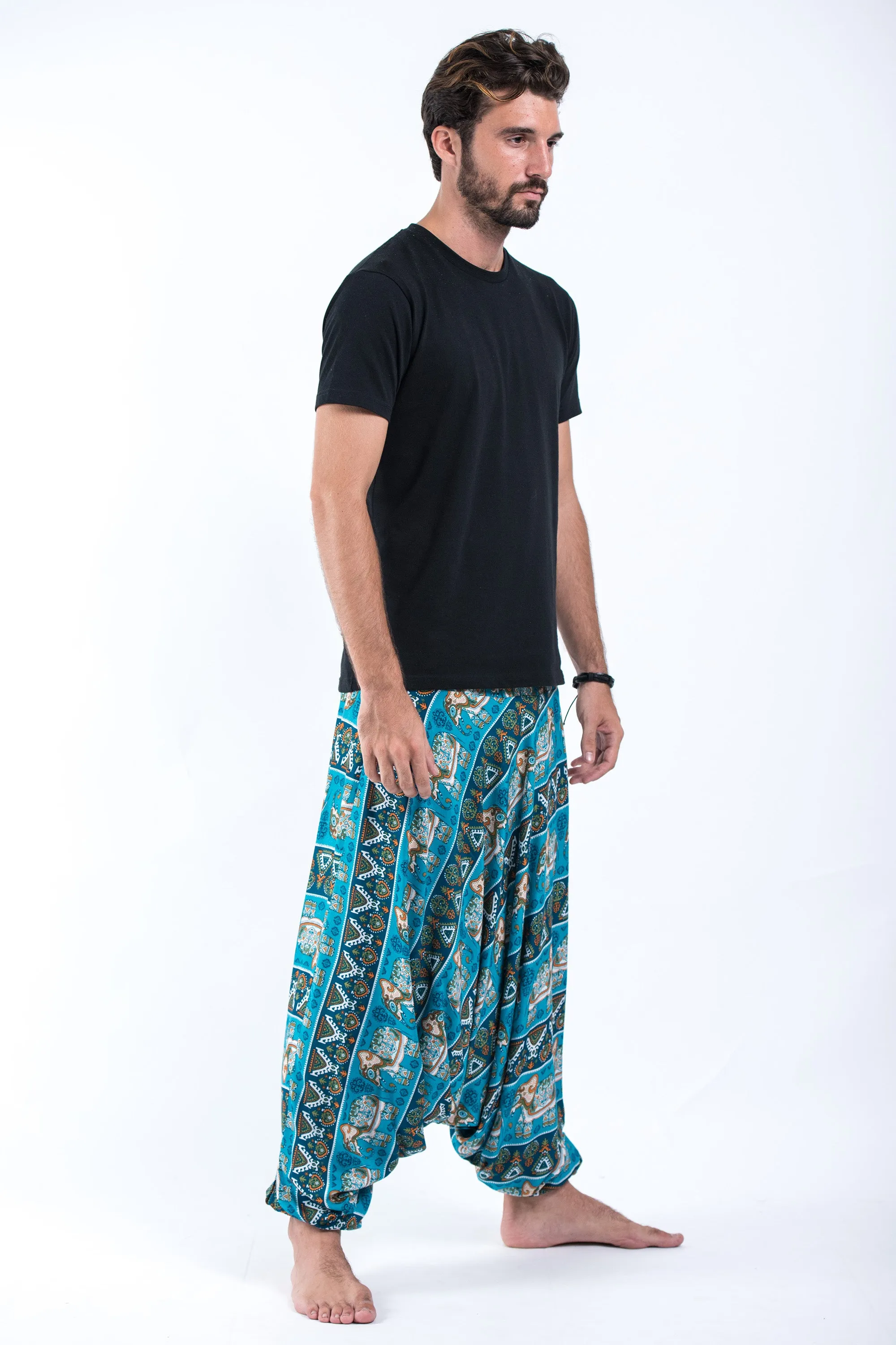 Aztec Elephant Drop Crotch Men's Elephant Pants in Ocean Blue