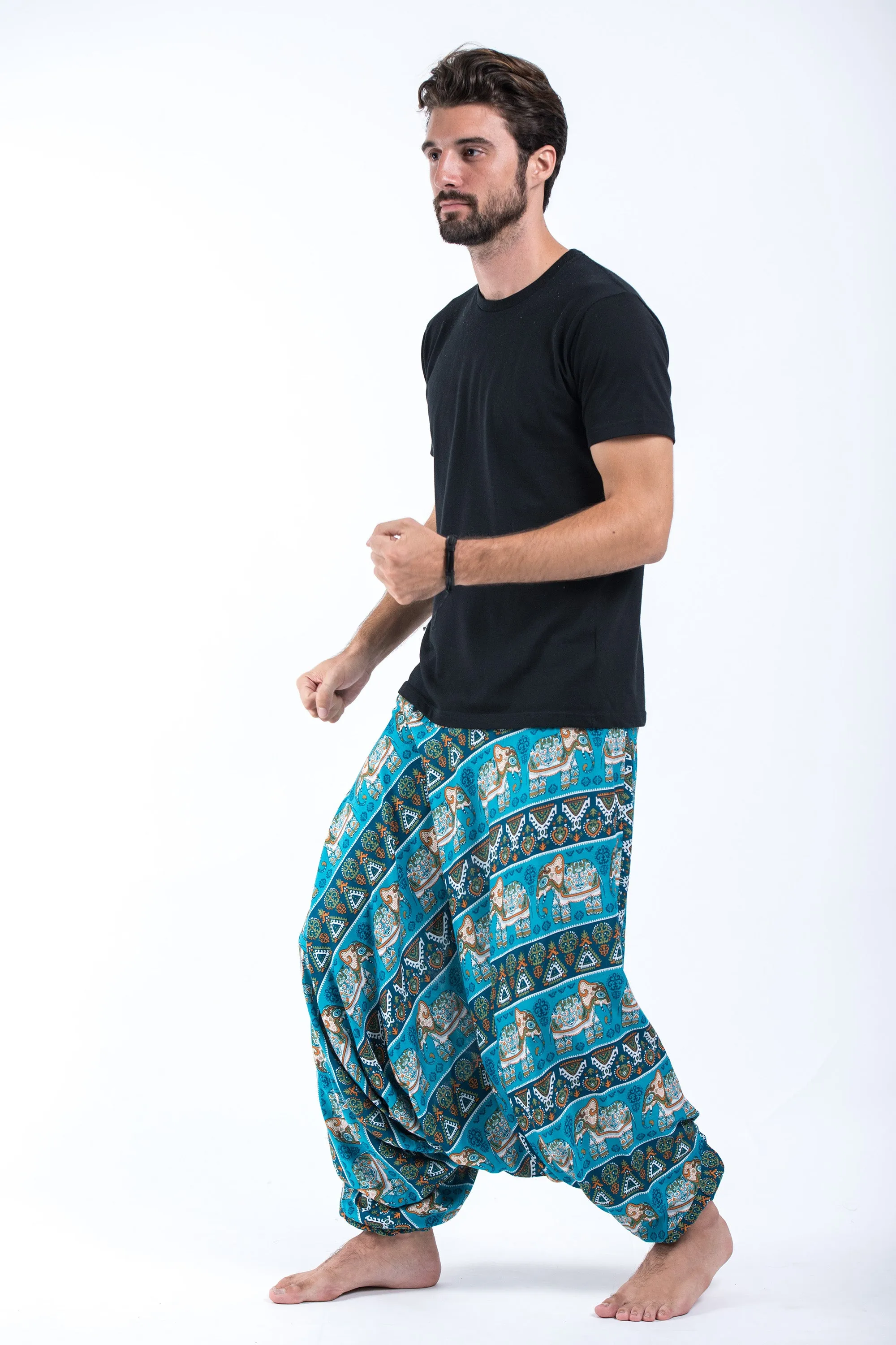 Aztec Elephant Drop Crotch Men's Elephant Pants in Ocean Blue