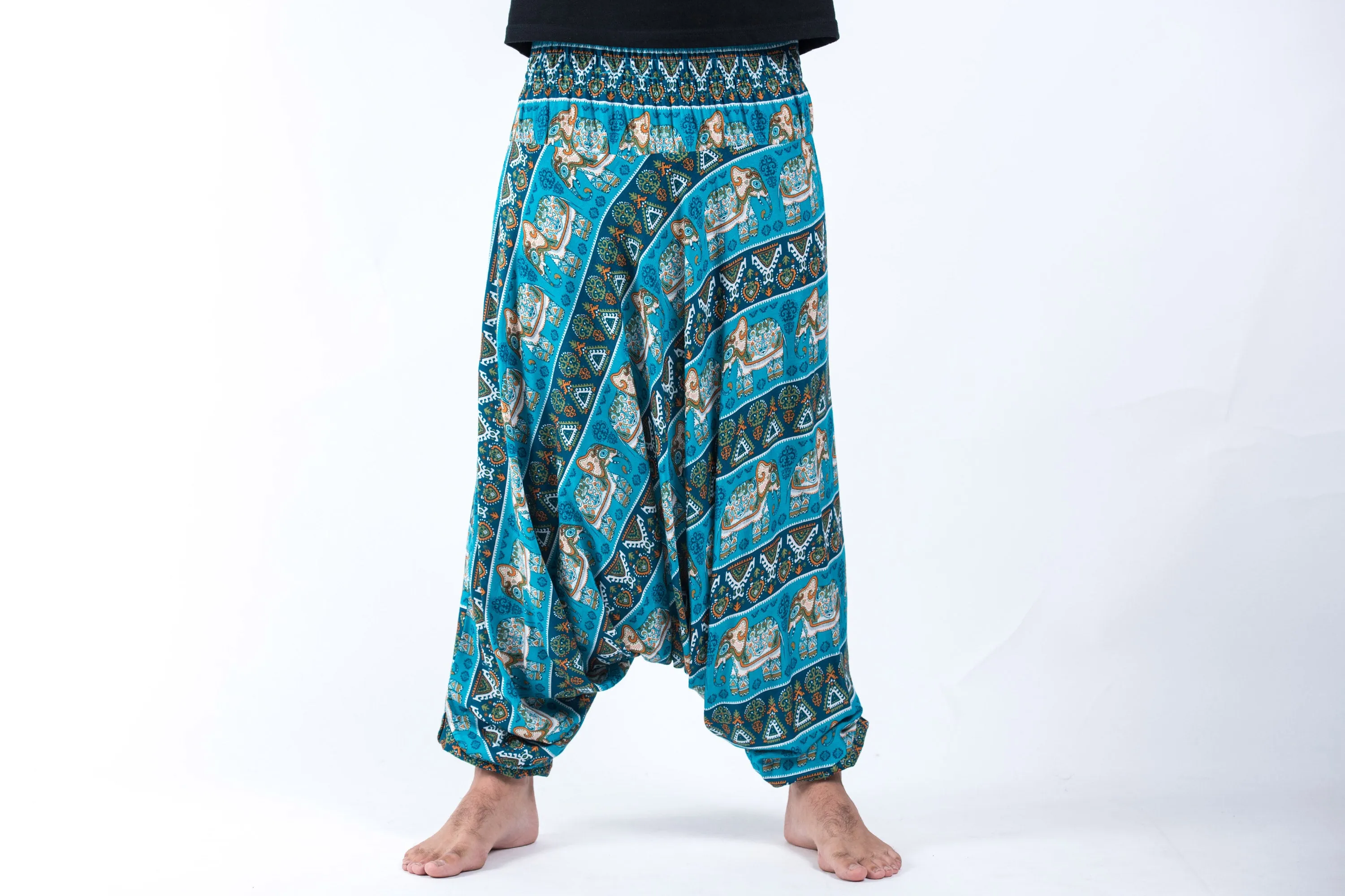 Aztec Elephant Drop Crotch Men's Elephant Pants in Ocean Blue