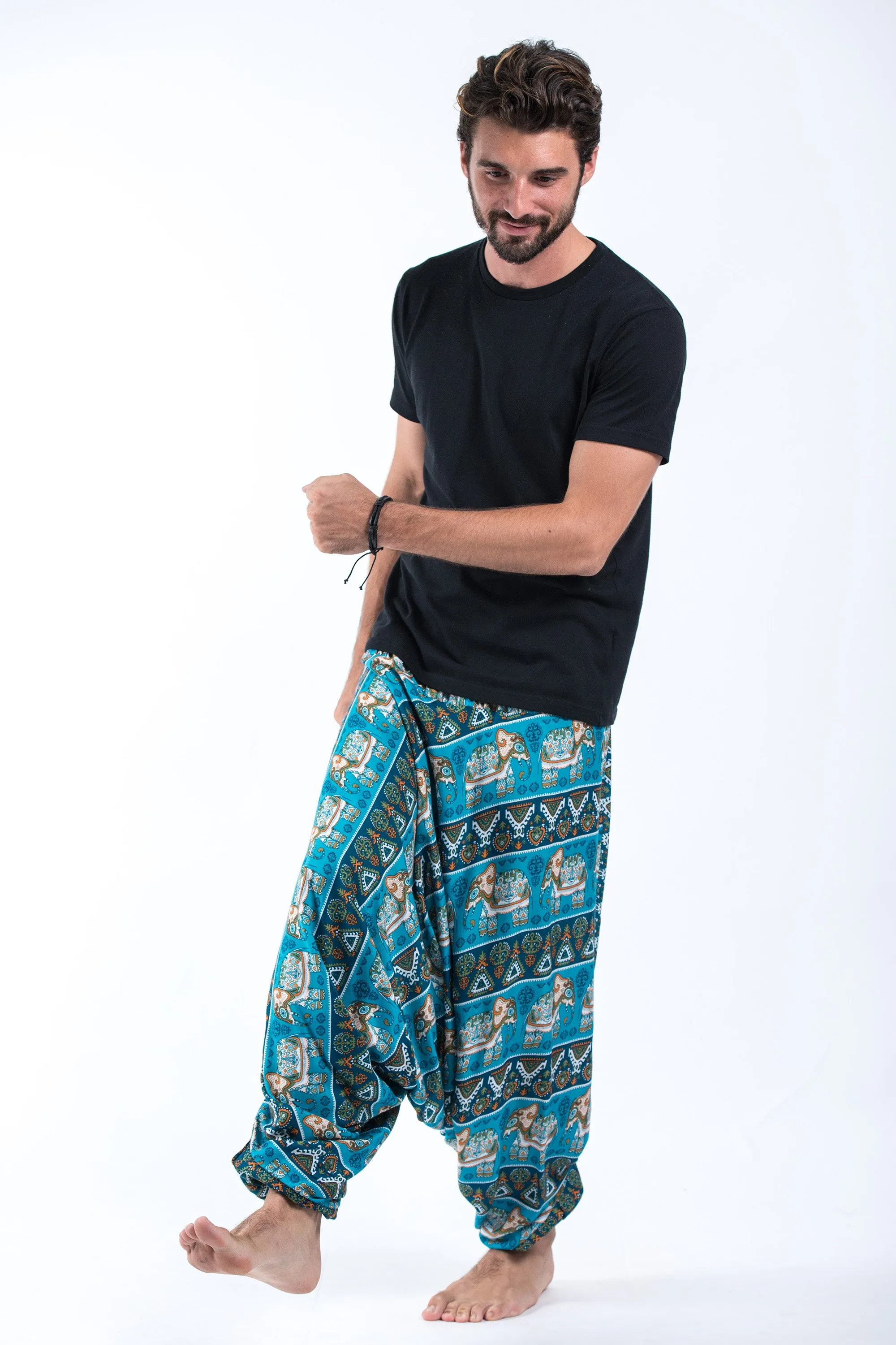 Aztec Elephant Drop Crotch Men's Elephant Pants in Ocean Blue