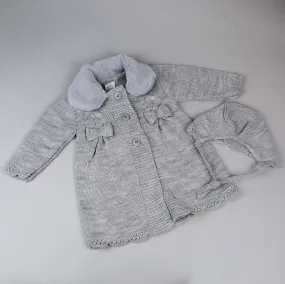 Baby Girl Grey Knitted Coat - Faux Fur Collar with Bonnet