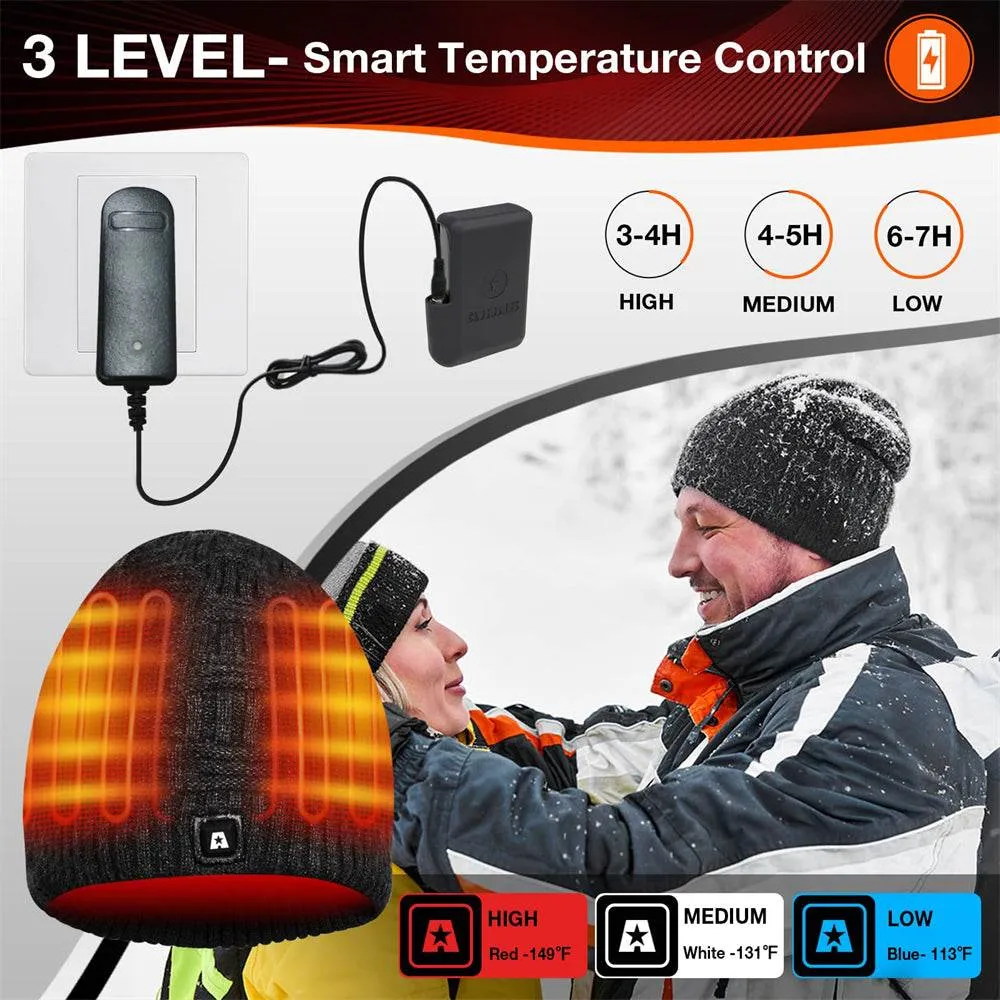 Battery Heated Beanie Electric Winter Heated Hat with Rechargeable Battery Unisex Black