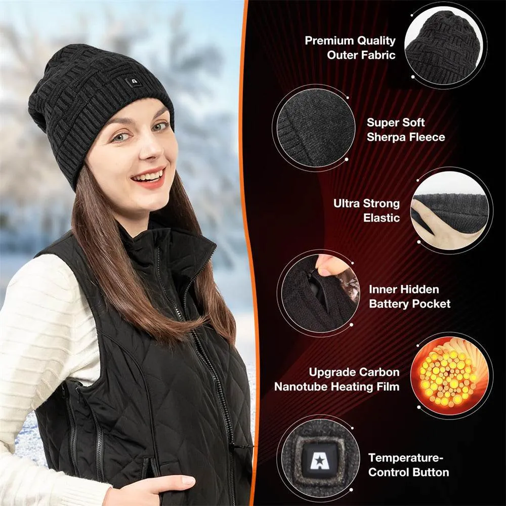 Battery Heated Beanie Electric Winter Heated Hat with Rechargeable Battery Unisex Black