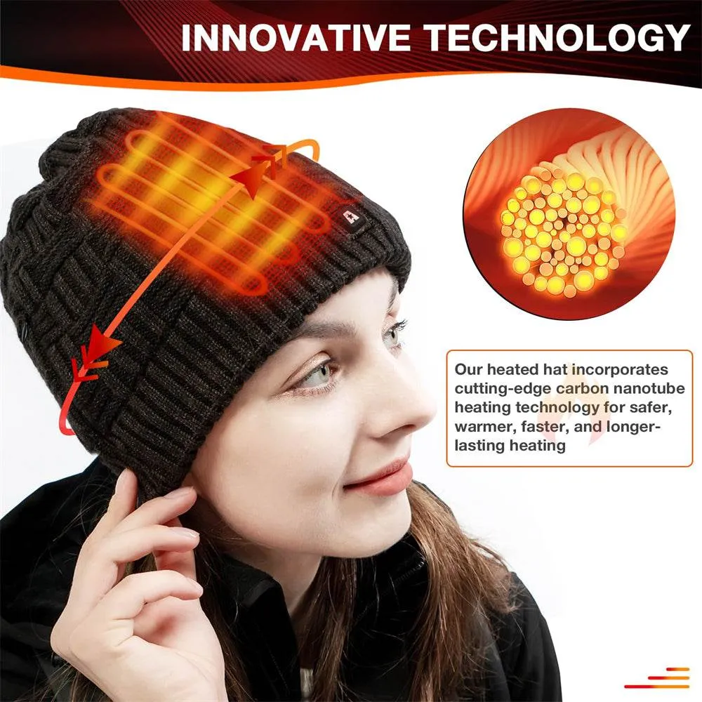 Battery Heated Beanie Electric Winter Heated Hat with Rechargeable Battery Unisex Black