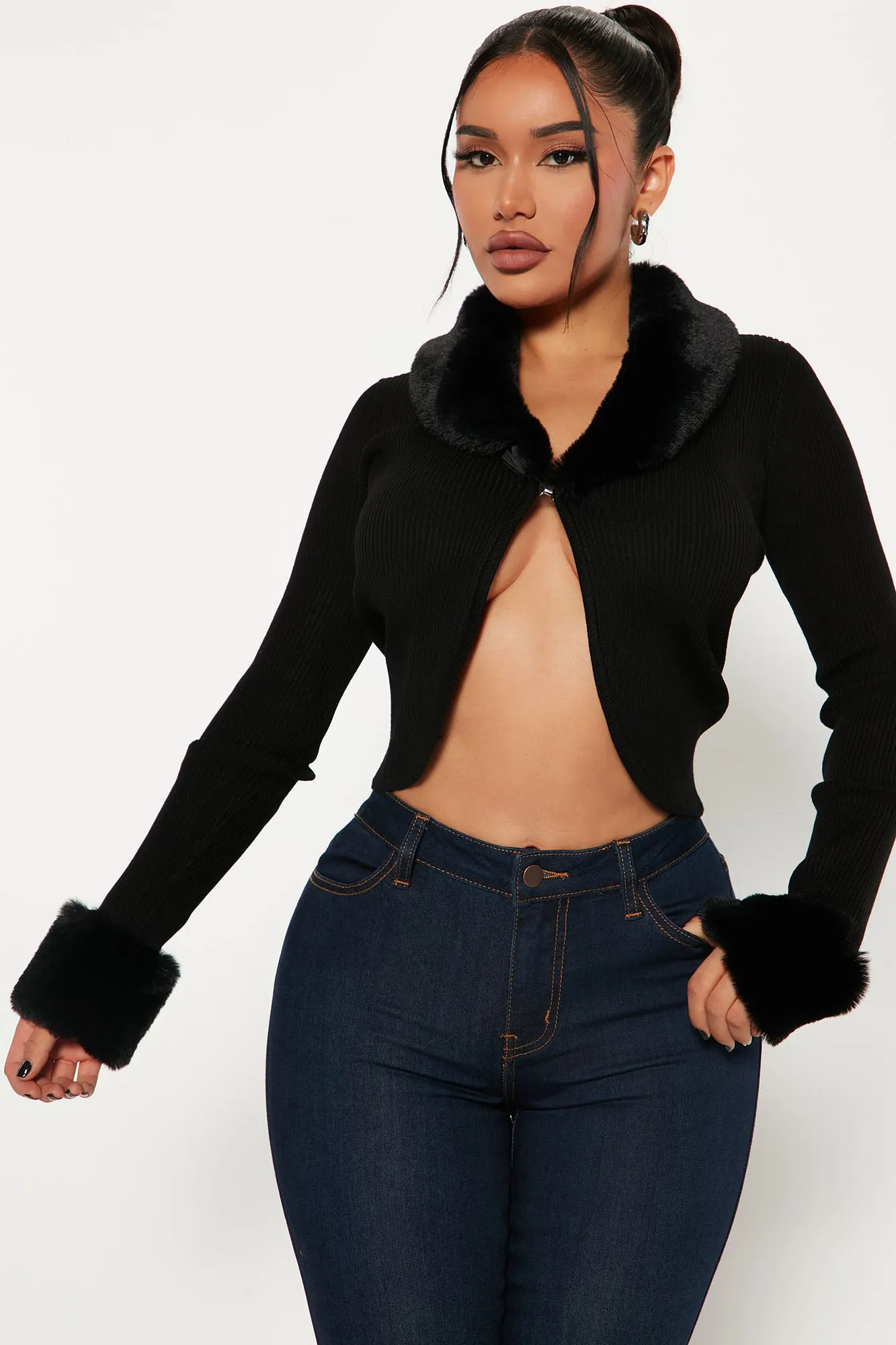 Be Fur Real Cropped Cardigan - Black