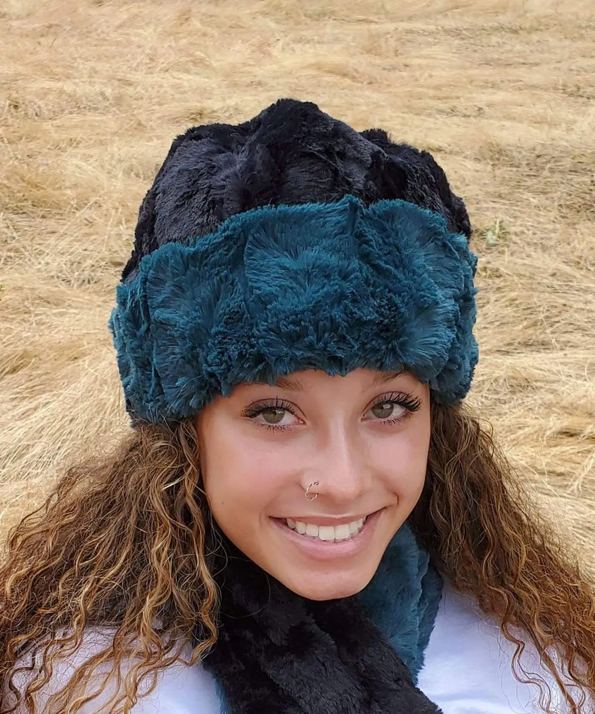 Beanie Hat, Reversible - Luxury Faux Fur in Peacock Pond