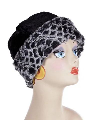 Beanie Hat, Structured - Pebbles in Black Upholstery with Luxury Faux Fur in Snow Owl -  One Medium Left!