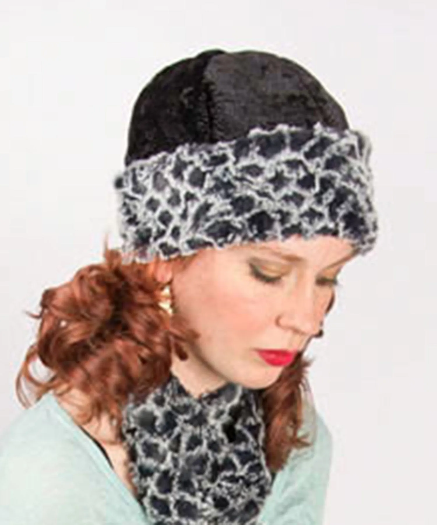 Beanie Hat, Structured - Pebbles in Black Upholstery with Luxury Faux Fur in Snow Owl -  One Medium Left!