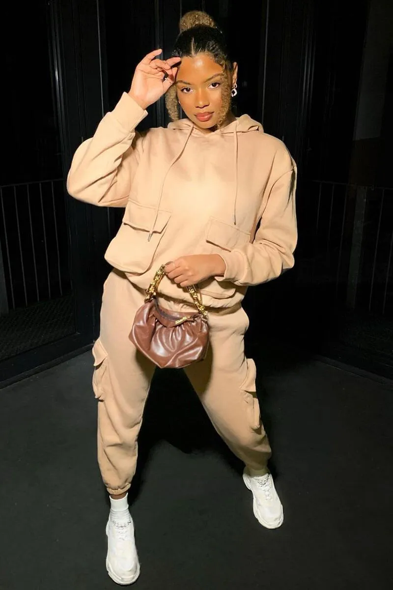 Beige Cargo Pocket Hoodie and Joggers Tracksuit - Aafiya