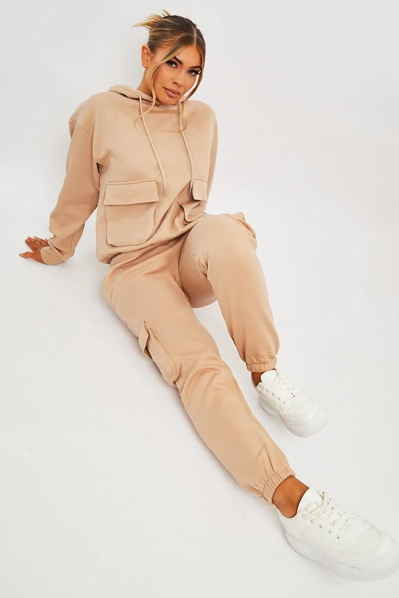 Beige Cargo Pocket Hoodie and Joggers Tracksuit - Aafiya