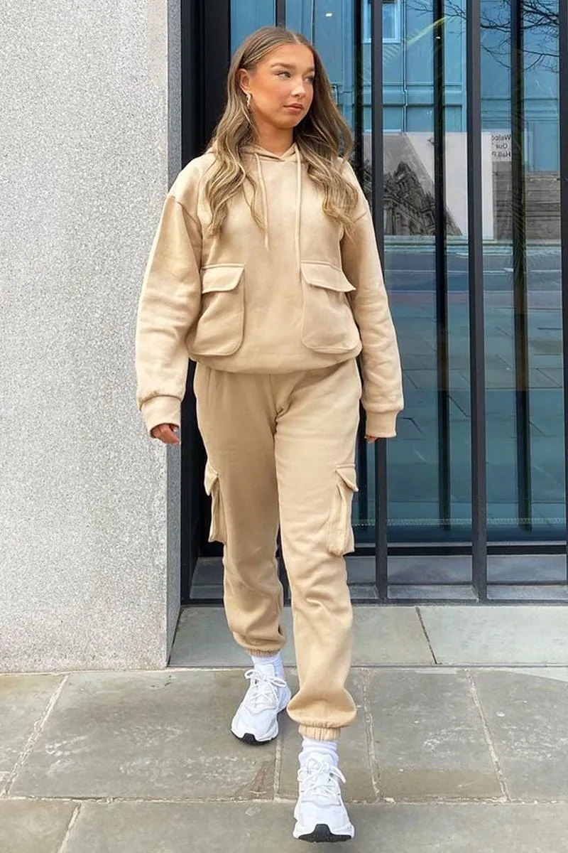 Beige Cargo Pocket Hoodie and Joggers Tracksuit - Aafiya