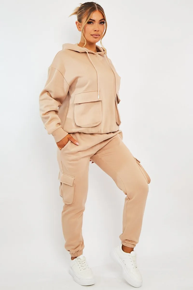 Beige Cargo Pocket Hoodie and Joggers Tracksuit - Aafiya