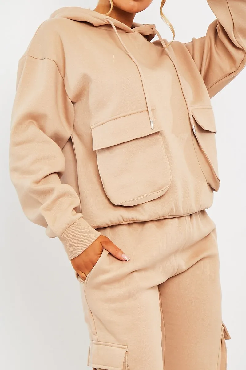 Beige Cargo Pocket Hoodie and Joggers Tracksuit - Aafiya