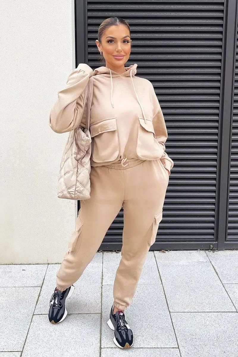 Beige Cargo Pocket Hoodie and Joggers Tracksuit - Aafiya