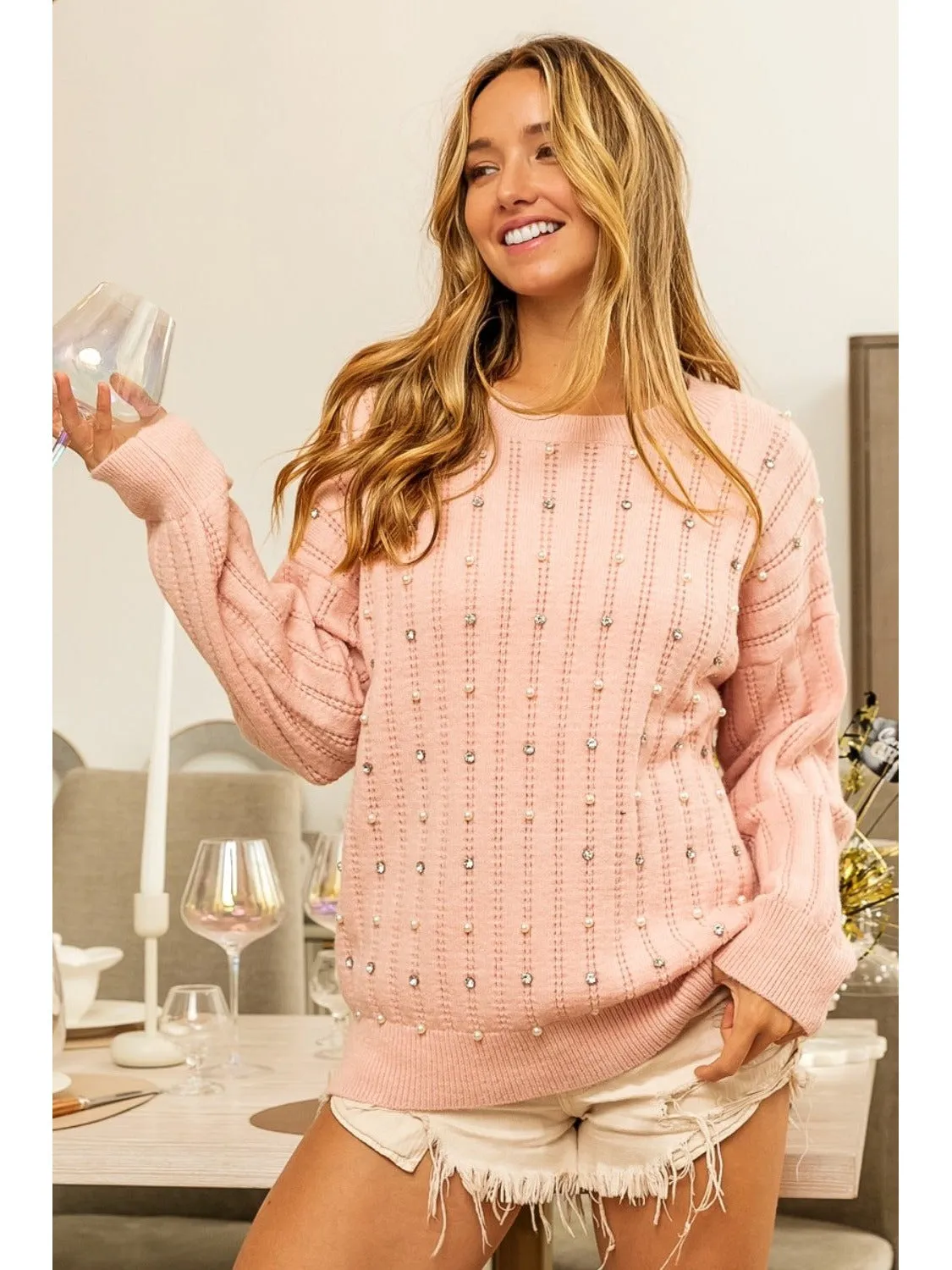 BiBi Pearl & Rhinestone Decor Long Sleeve Sweater