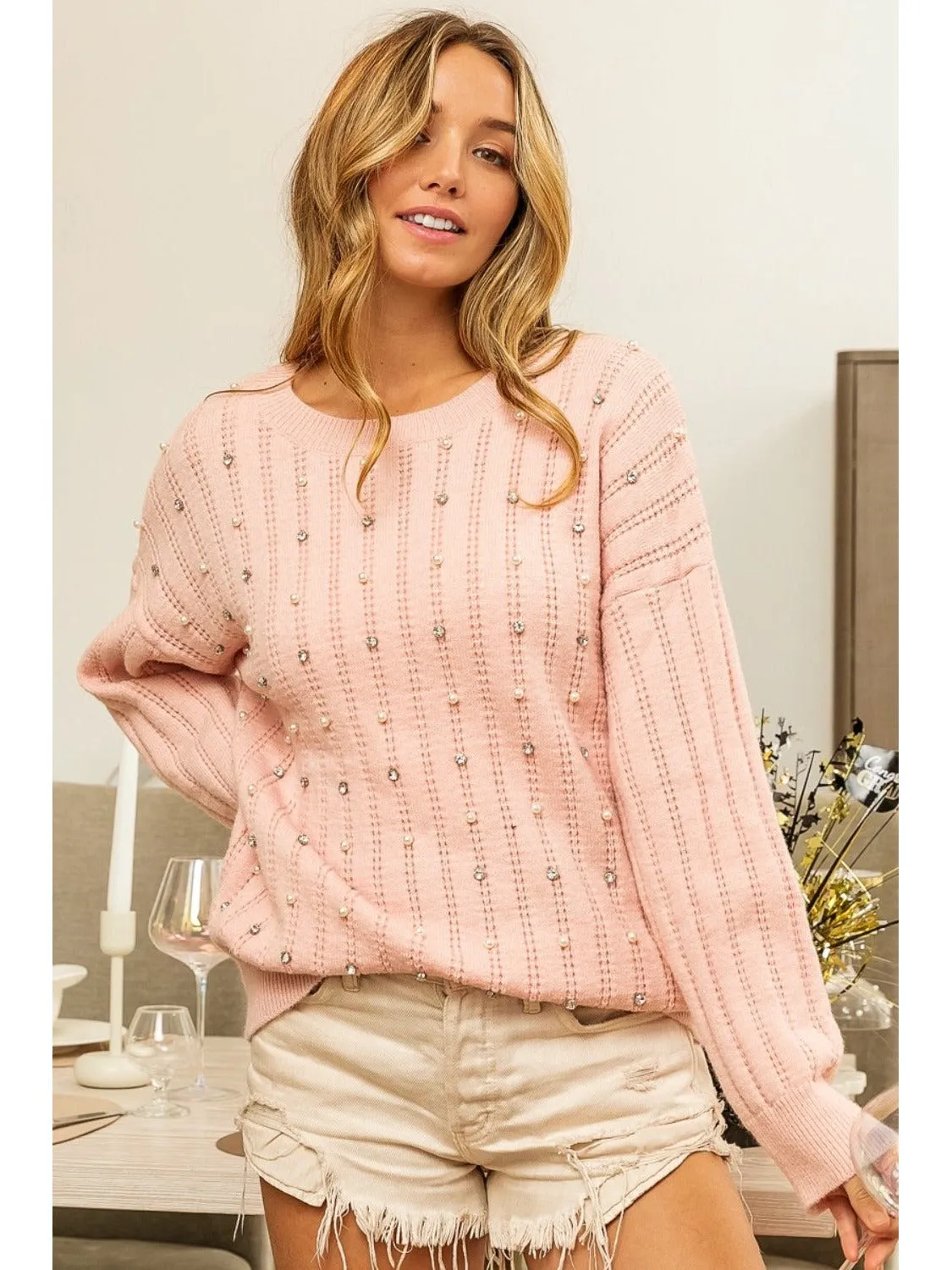 BiBi Pearl & Rhinestone Decor Long Sleeve Sweater