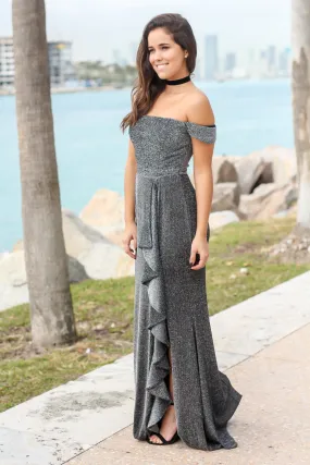 Black and Silver Off Shoulder Maxi Dress