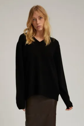 Black Cashmere V-Neck Boyfriend Sweater