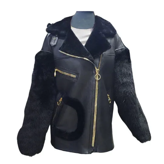 Black Leather Jacket with Plush Fur Accents