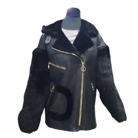 Black Leather Jacket with Plush Fur Accents