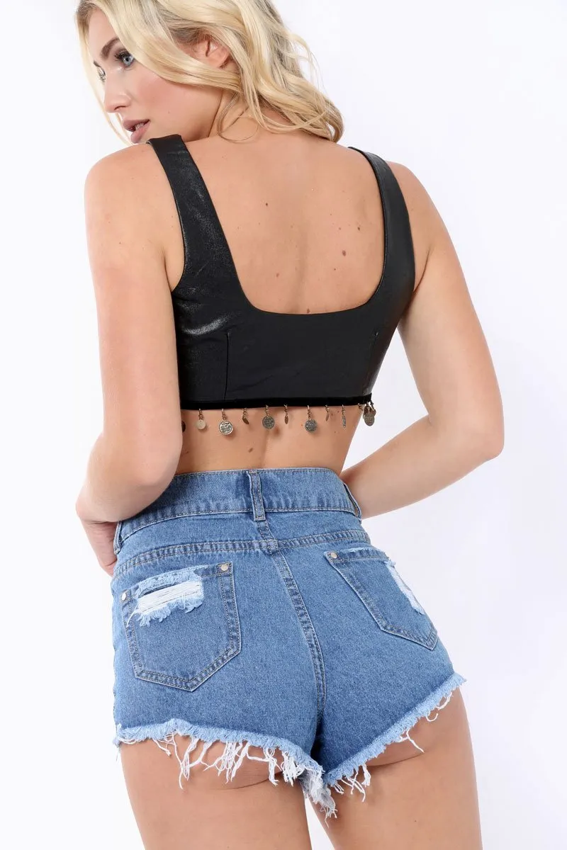 Black Leather Lace Up Coin Tassel Bralet - Joye