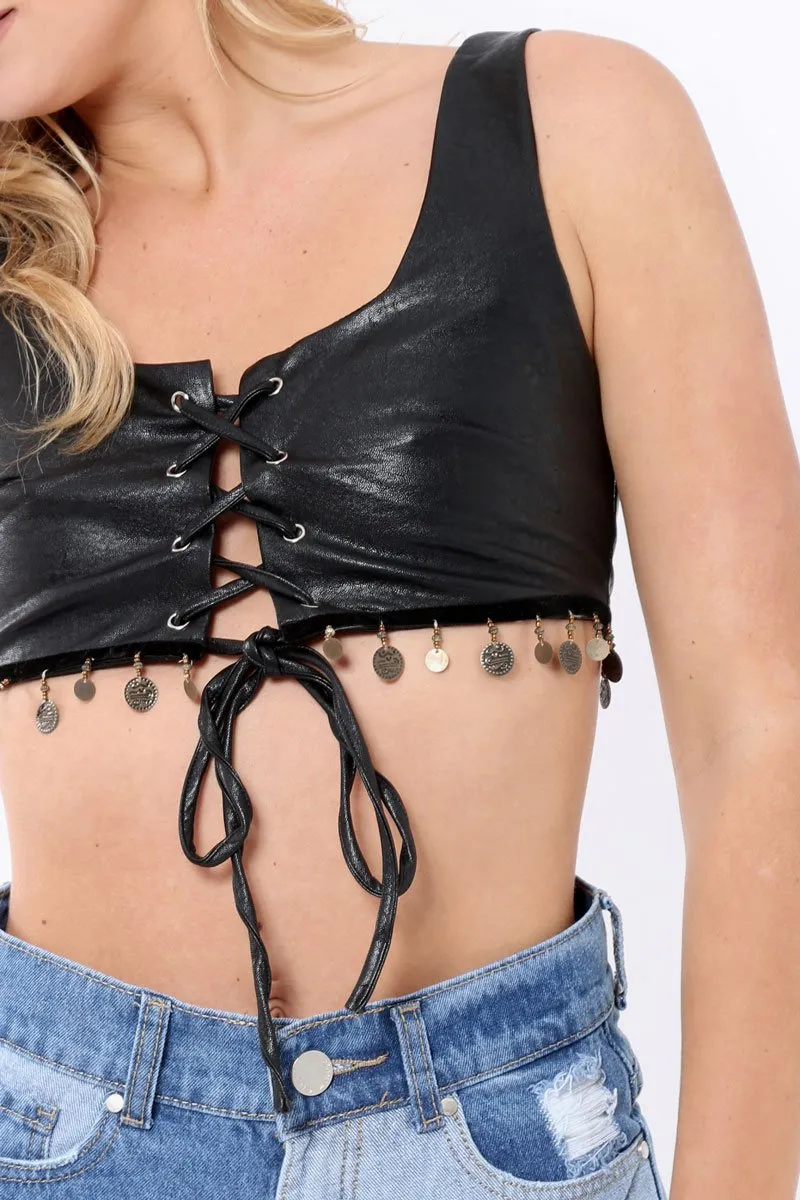 Black Leather Lace Up Coin Tassel Bralet - Joye