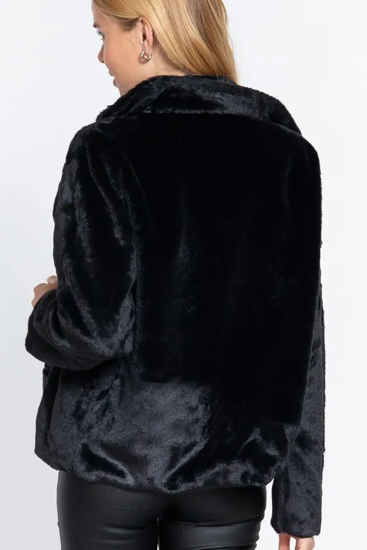 Black Long Slv Notched Collar Open Front Faux Fur Jacket