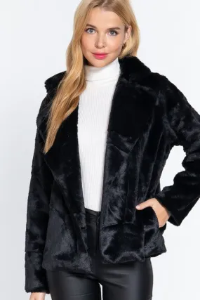 Black Long Slv Notched Collar Open Front Faux Fur Jacket