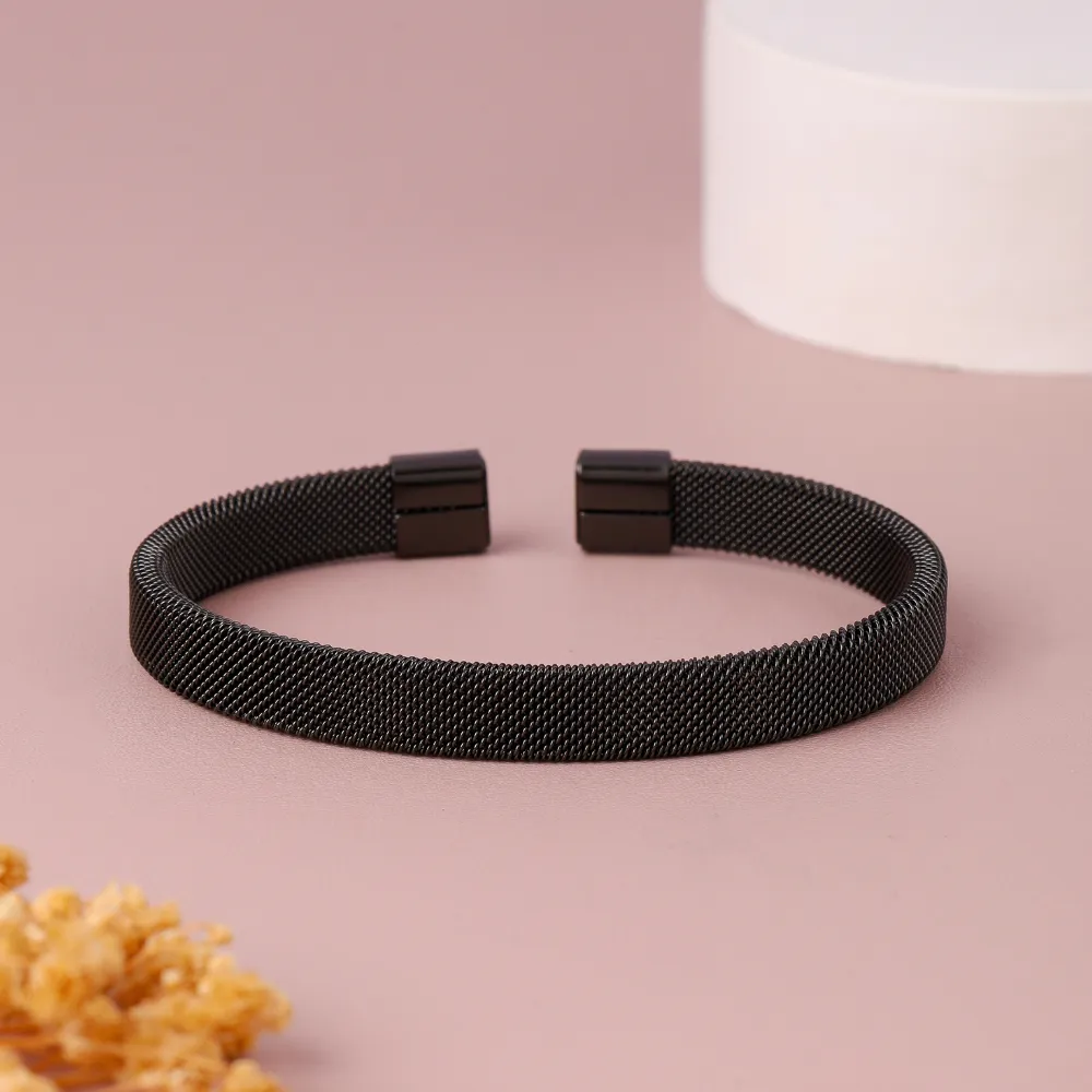 Black Plated Woven Stainless Steel Cuff Bracelet For Men