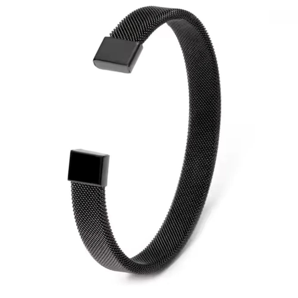 Black Plated Woven Stainless Steel Cuff Bracelet For Men