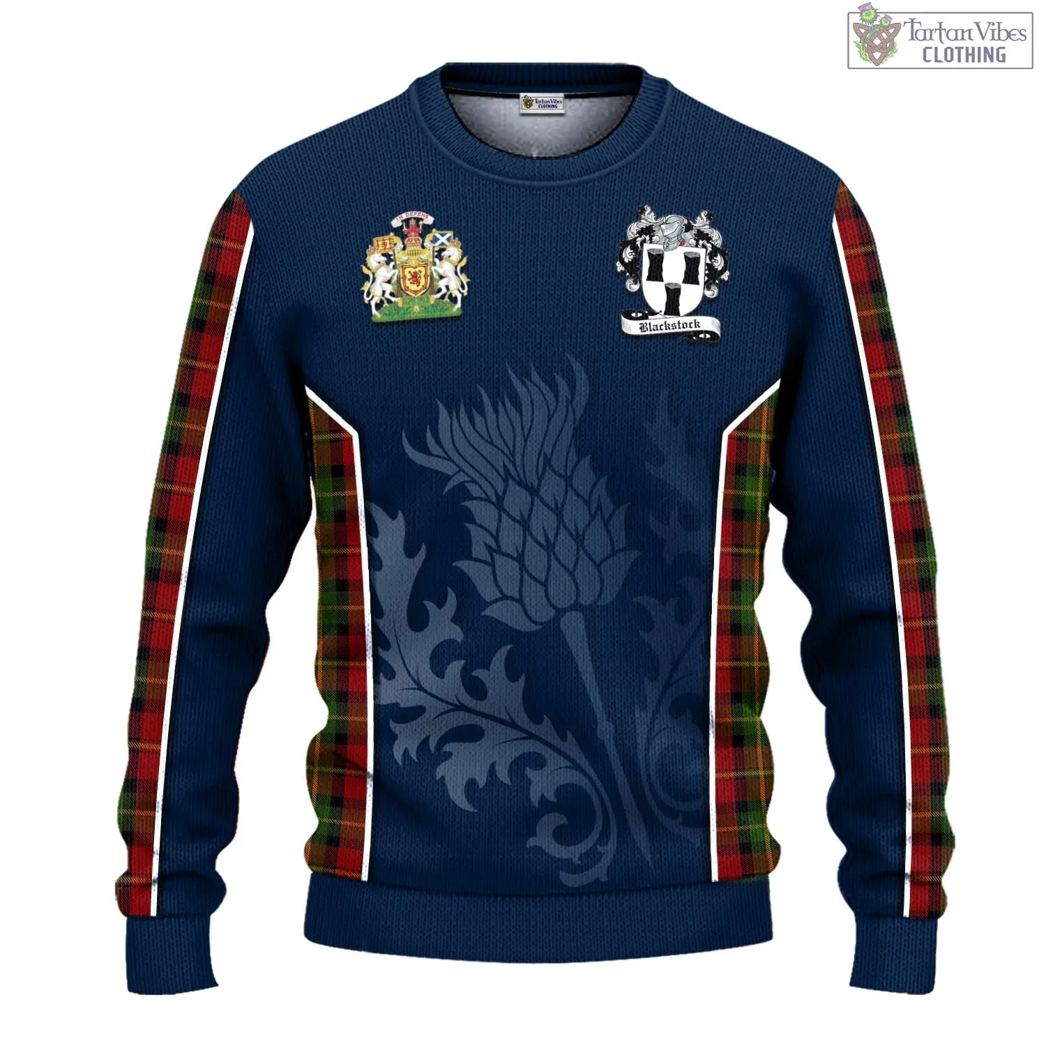 Blackstock Red Dress Tartan Knitted Sweatshirt with Family Crest and Scottish Thistle Vibes Sport Style