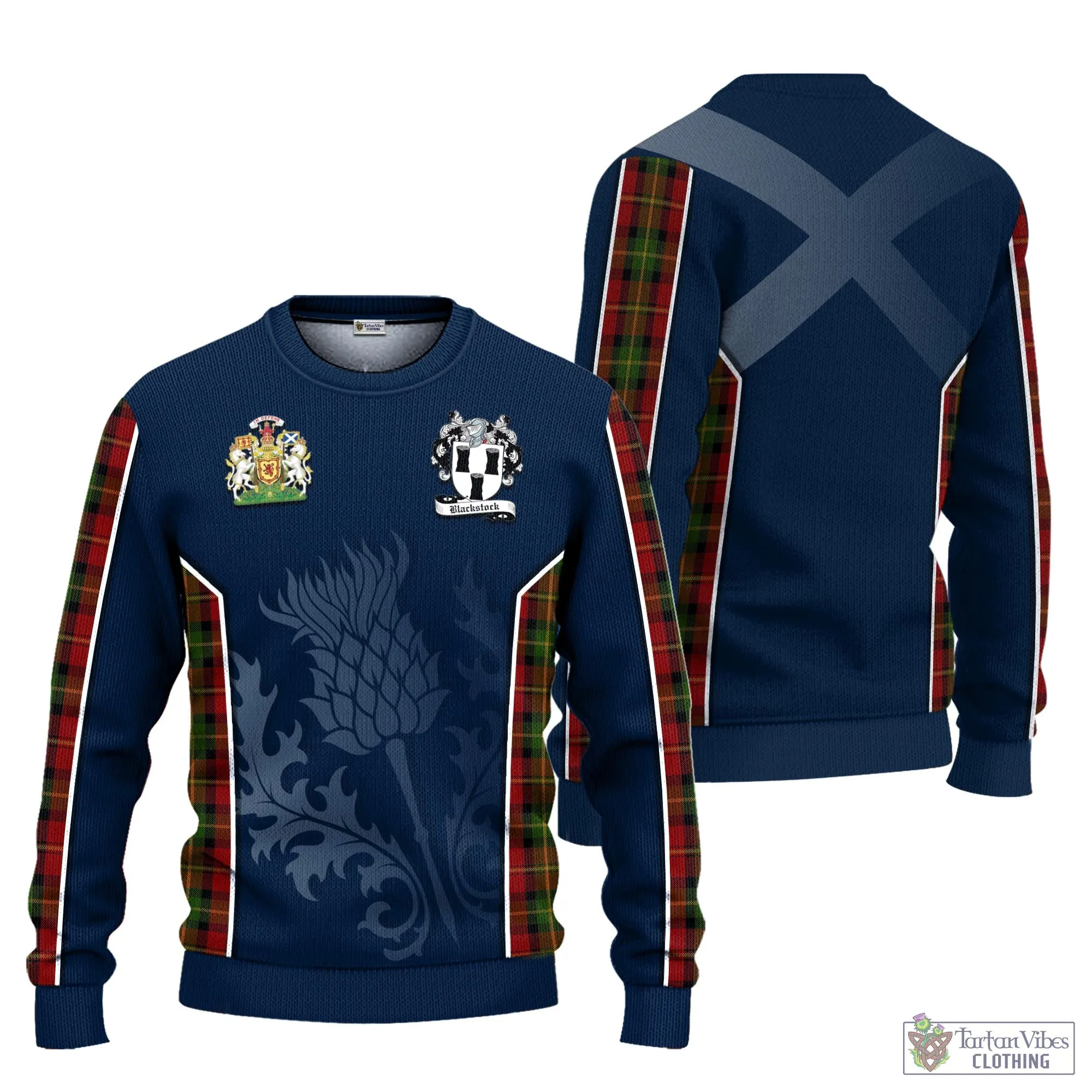 Blackstock Red Dress Tartan Knitted Sweatshirt with Family Crest and Scottish Thistle Vibes Sport Style