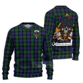 Blair Tartan Ugly Sweater with Family Crest and Bearded Skull Holding Bottles of Whiskey