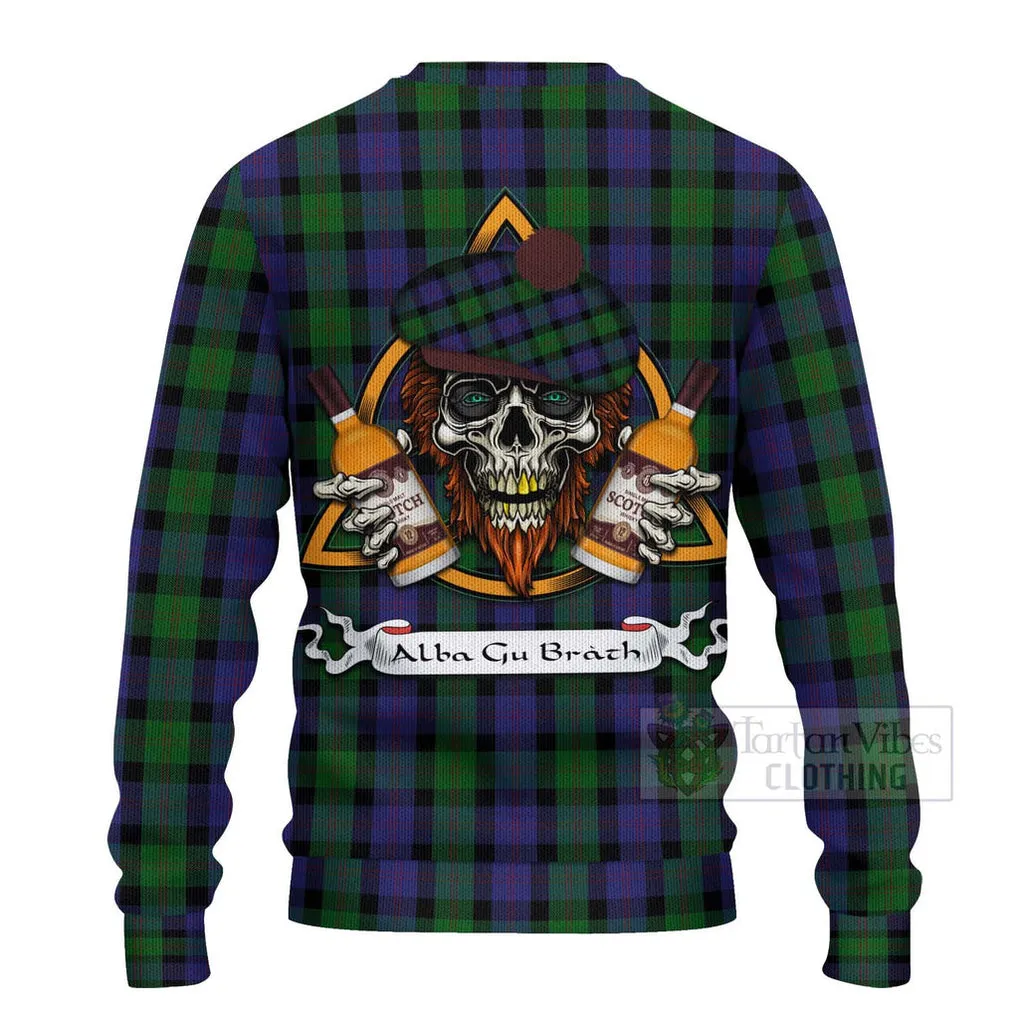 Blair Tartan Ugly Sweater with Family Crest and Bearded Skull Holding Bottles of Whiskey