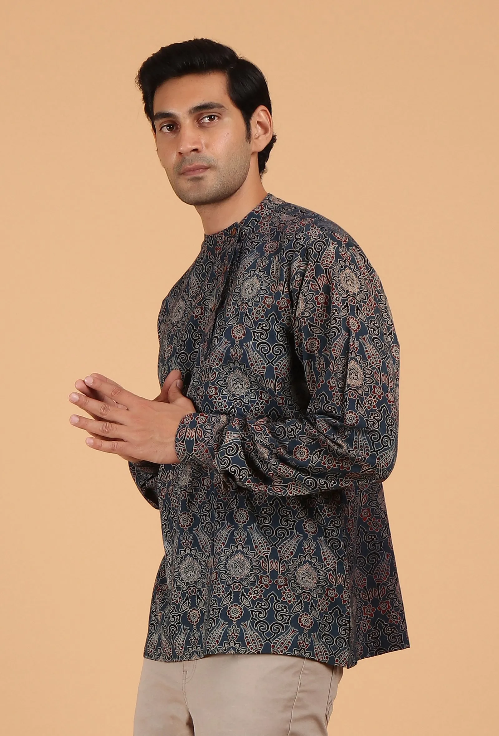 Blue Ajrakh Handcrafted Side Placket Full Sleeves Printed Cotton Shirt