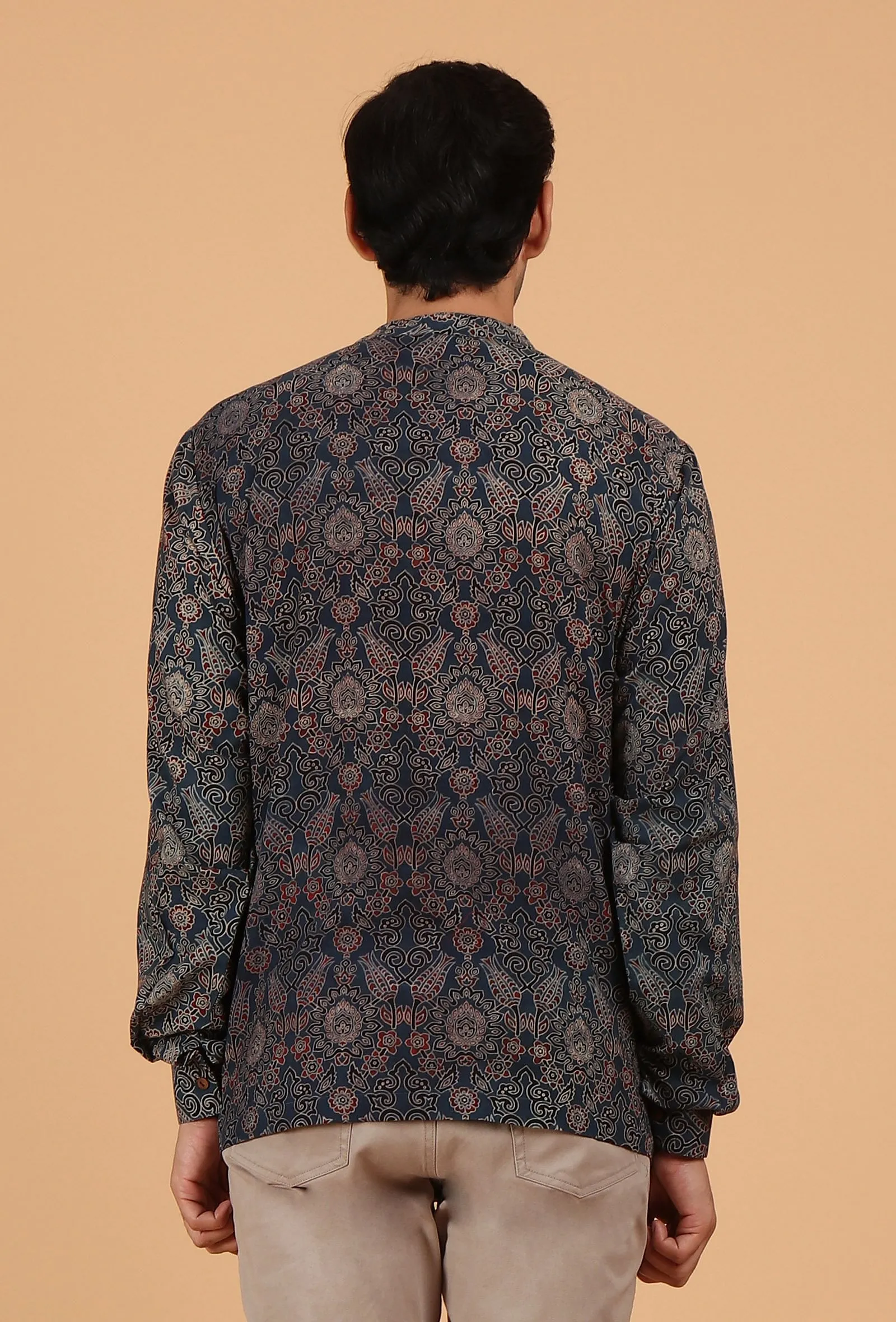 Blue Ajrakh Handcrafted Side Placket Full Sleeves Printed Cotton Shirt