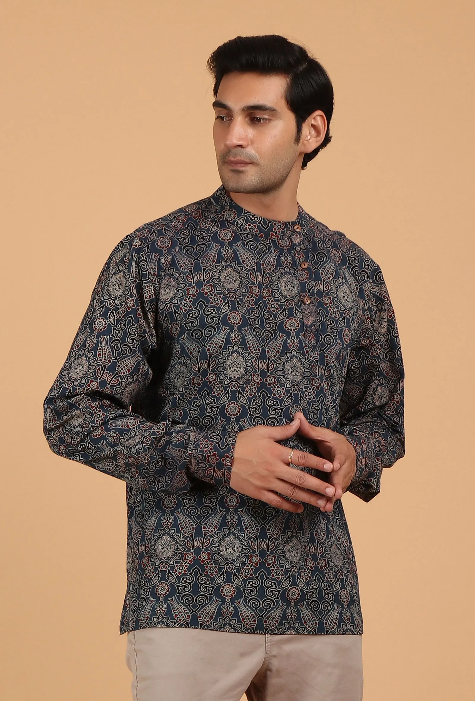 Blue Ajrakh Handcrafted Side Placket Full Sleeves Printed Cotton Shirt