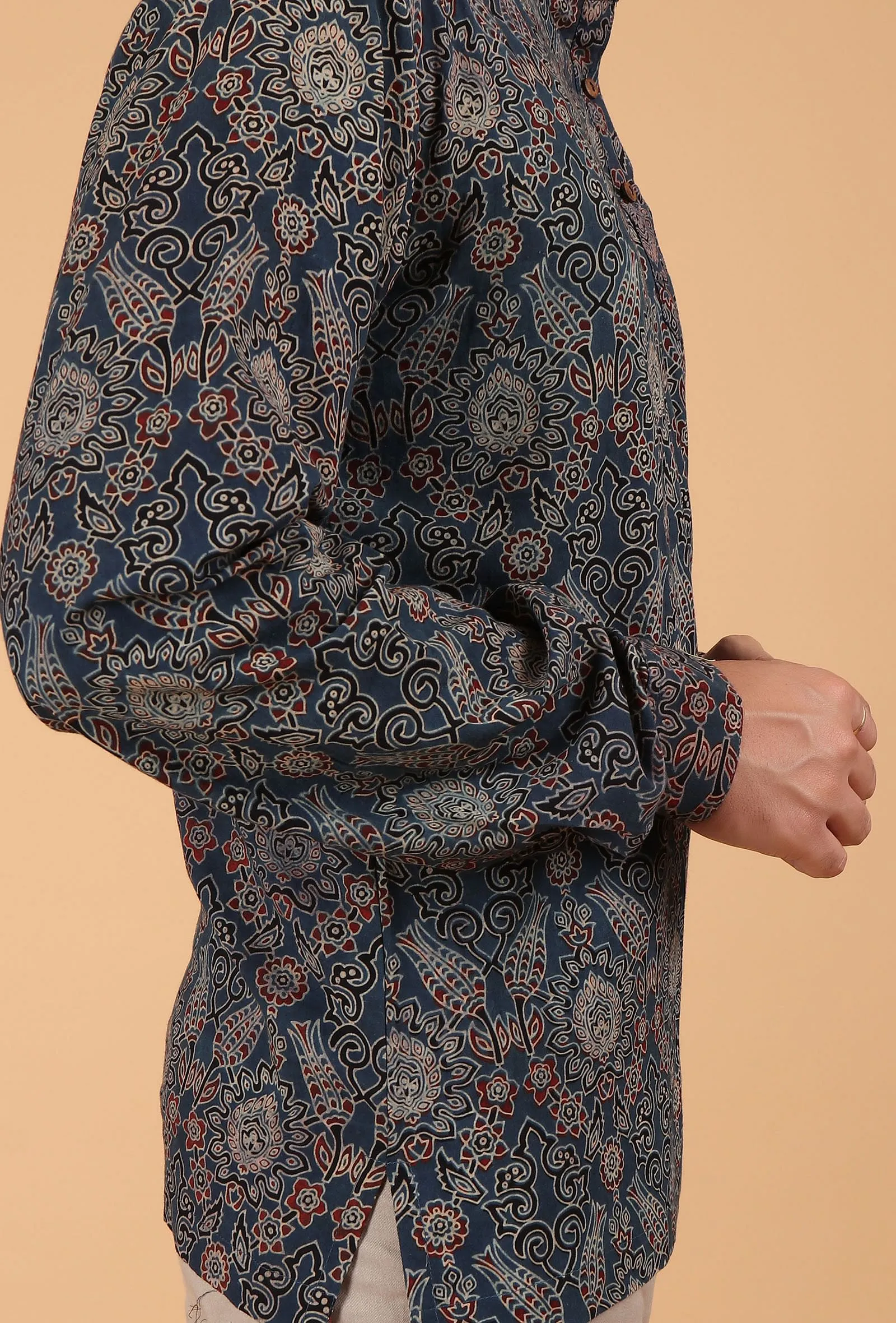 Blue Ajrakh Handcrafted Side Placket Full Sleeves Printed Cotton Shirt